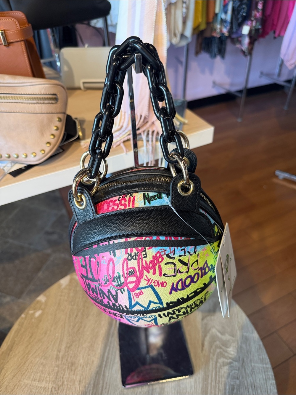 Graffiti Print Round Satchel Handbag - Black Trim
